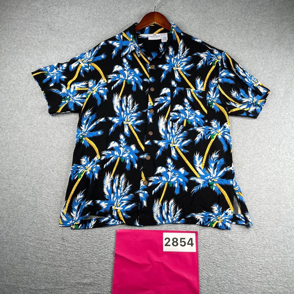 Princess Cruises Hawaiian Print Shirt Black Blue Button Up Short Sleeve Mens L